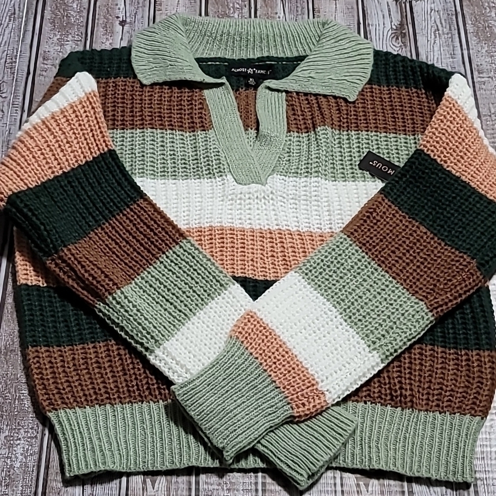 ALMOST FAMOUS Ribbed Knit Colorblock Sweater NWT size XL green/brown/peach